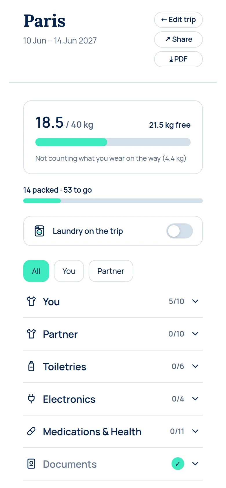 The Stowr app showing a packing list for two in Paris: the suitcase weight within its 23 kg limit, how many items are packed, filters for You and Partner, your clothes half packed and the documents ticked off.